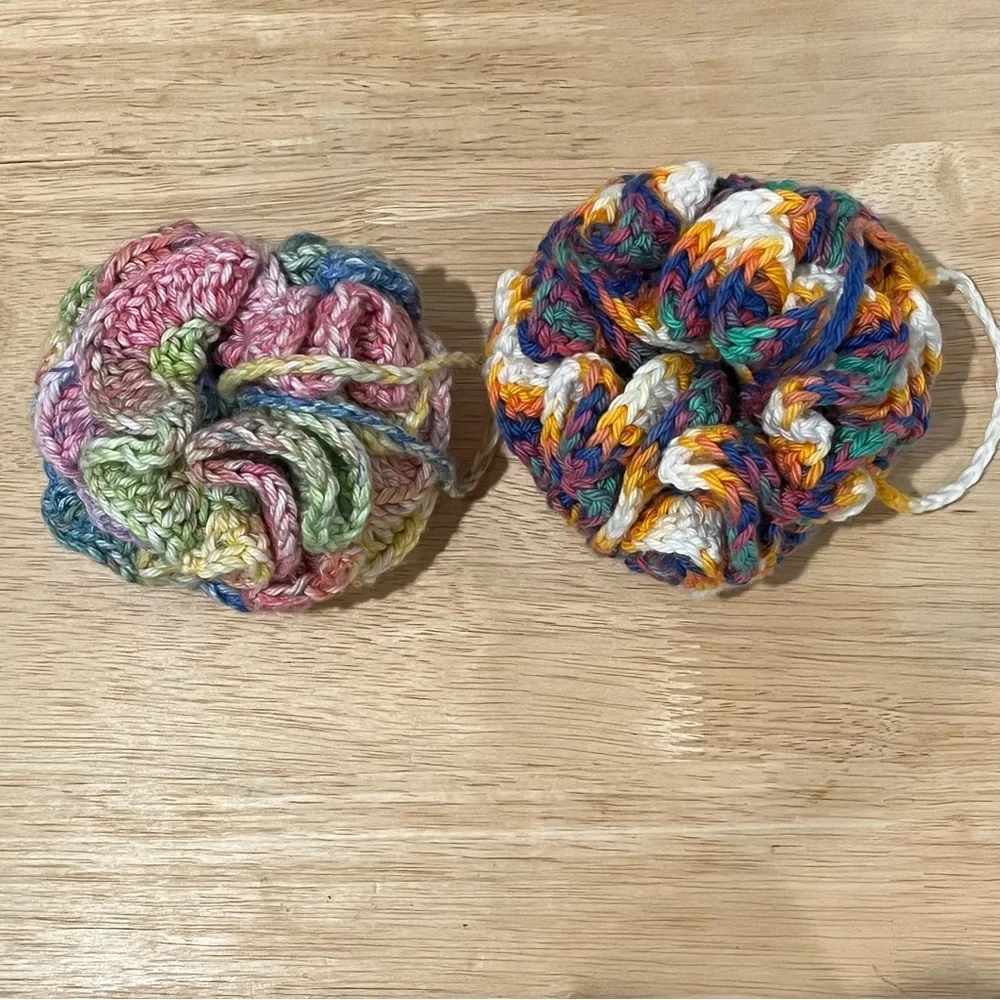 Set of 2 Crochet Pink/Yellow/Blue Eco-Friendly Bath Loofahs with Hanging Loop